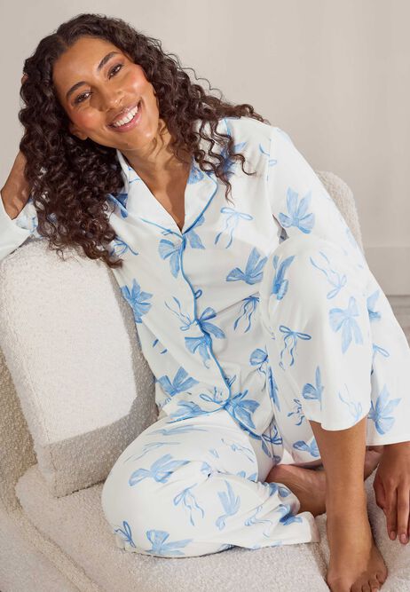 Womens Blue Bow Long Pyjama Set