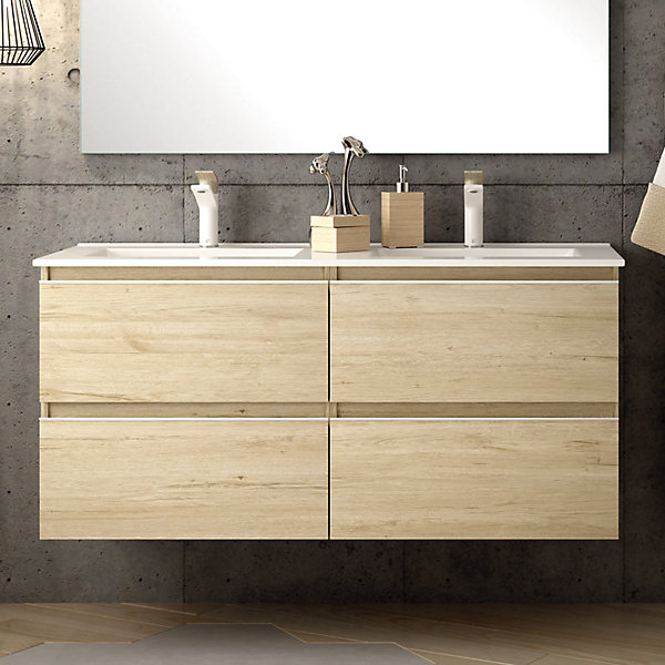 Ensemble meuble de salle de bain 120cm double vasque   colonne de rangement - BALEA - bambou (chêne clair)