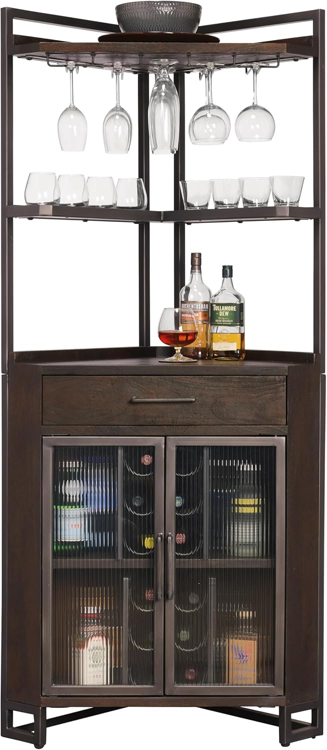 Howard Miller Studio Corner III Bar Cabinet - Wooden Shelving Unit with Storage, Metal Bottle Holding Racks, Tempered Glass Doors, Strong Metallic Frame Base & Extendable Drawer Surface