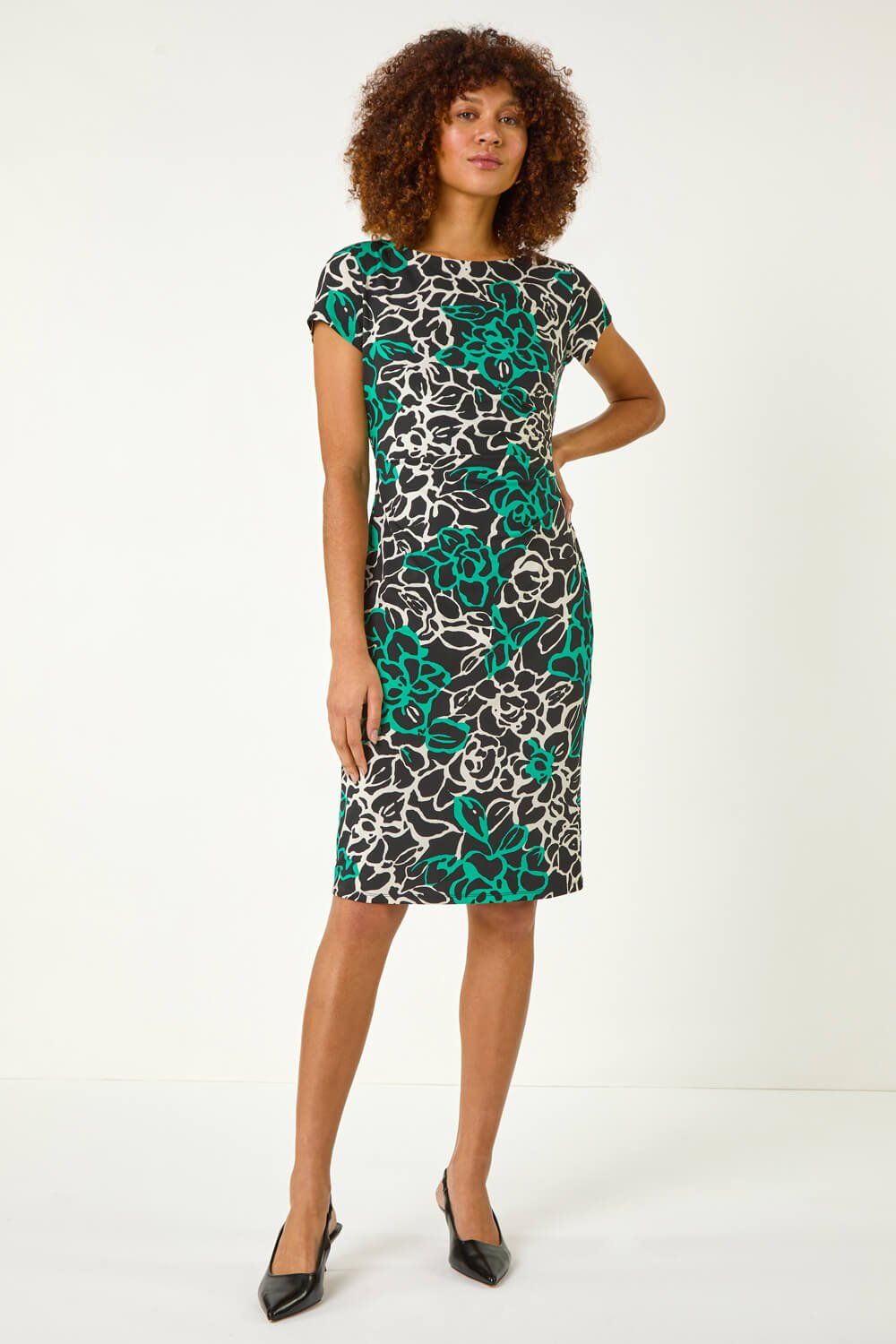 Roman Floral Side Ruched Stretch Dress