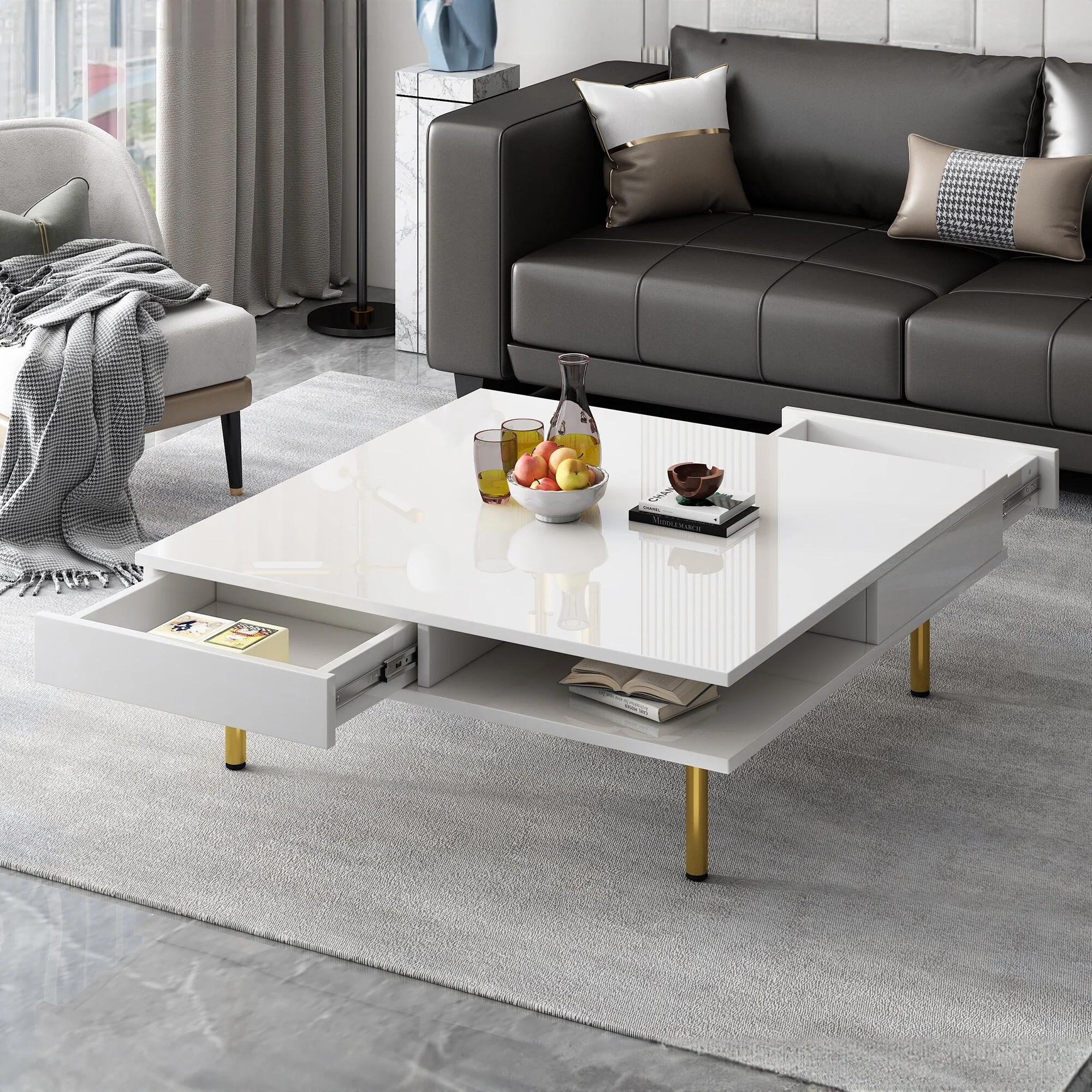 2-Tier Square Coffee Table with 2 Drawers, 4 Golden Legs, High Gloss Coffee Table Center Table w/ Storage for Living Room