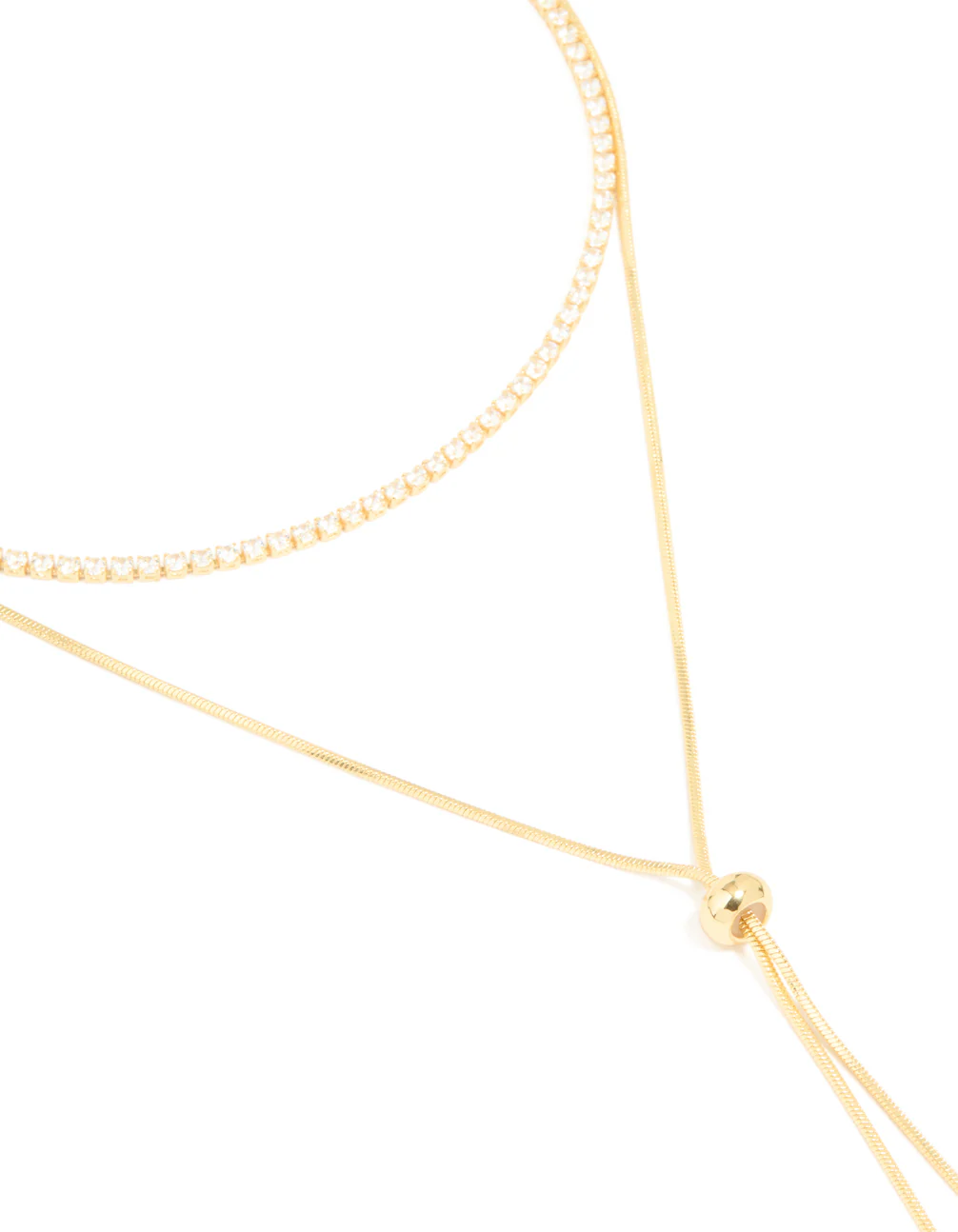 Gold Plated Cubic Zirconia Cup Chain & Snake Chain Y-Layered Necklace