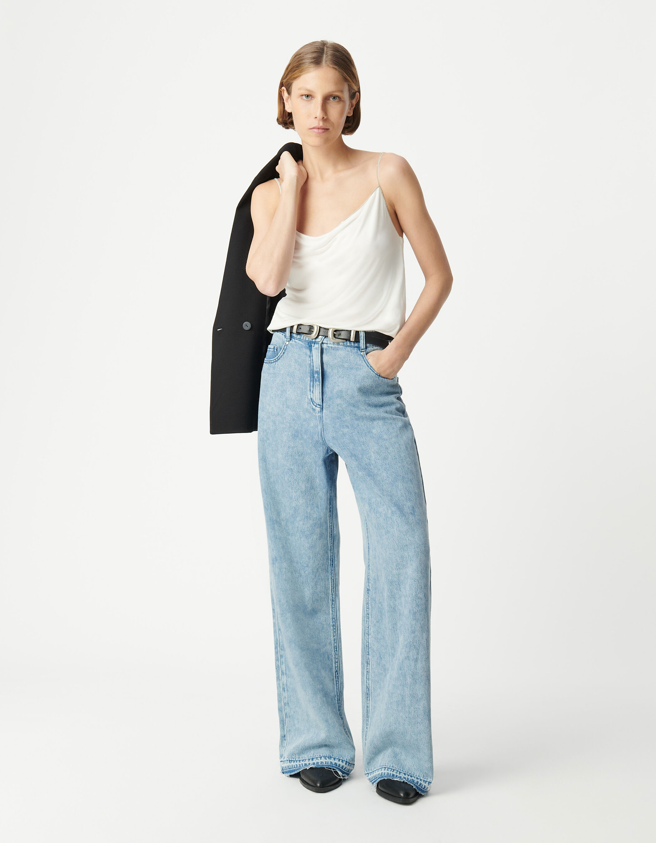 Jean large bleu clair taille haute à bords francs Femme