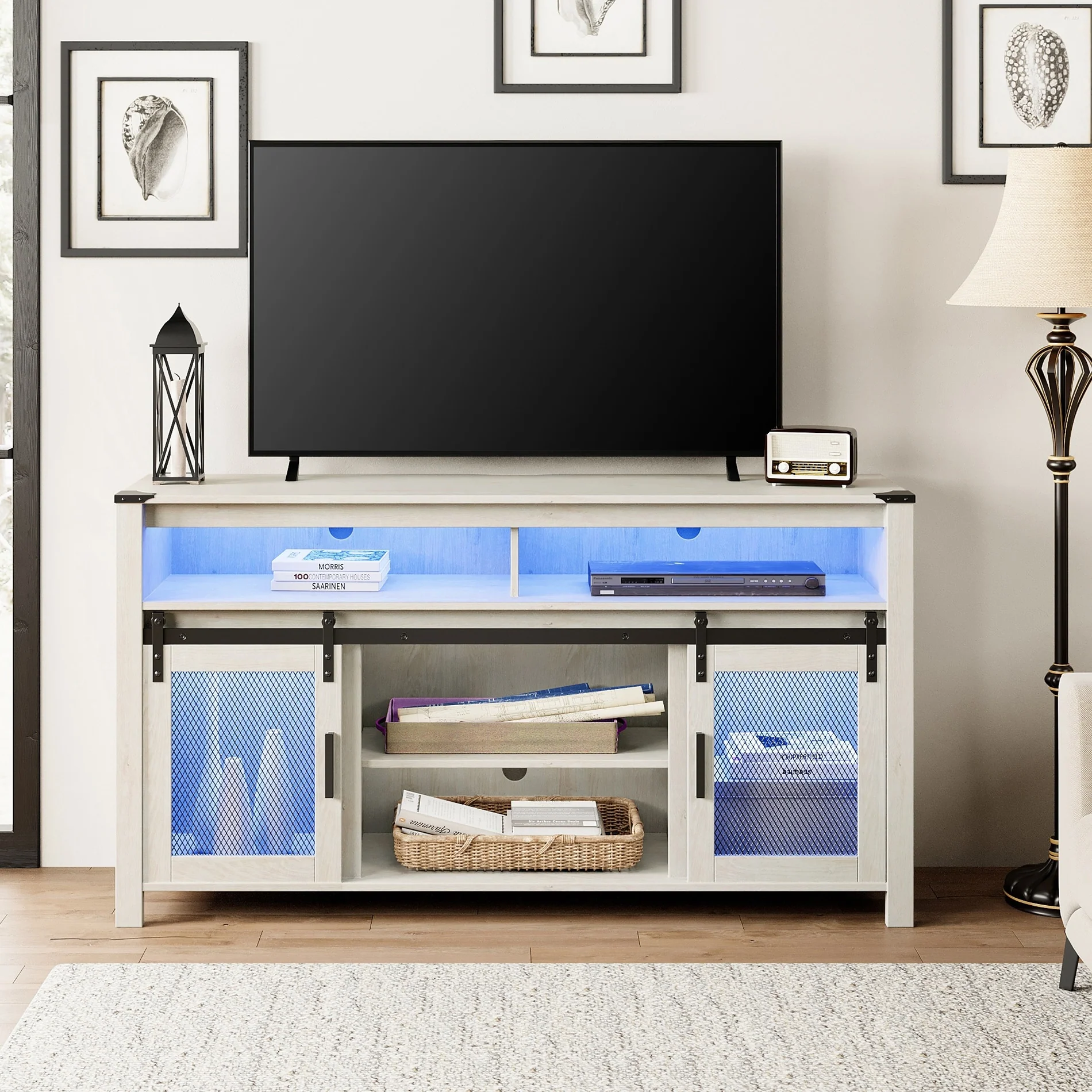 Modern Farmhouse LED TV Console with Mesh Barn Doors, 32 Height