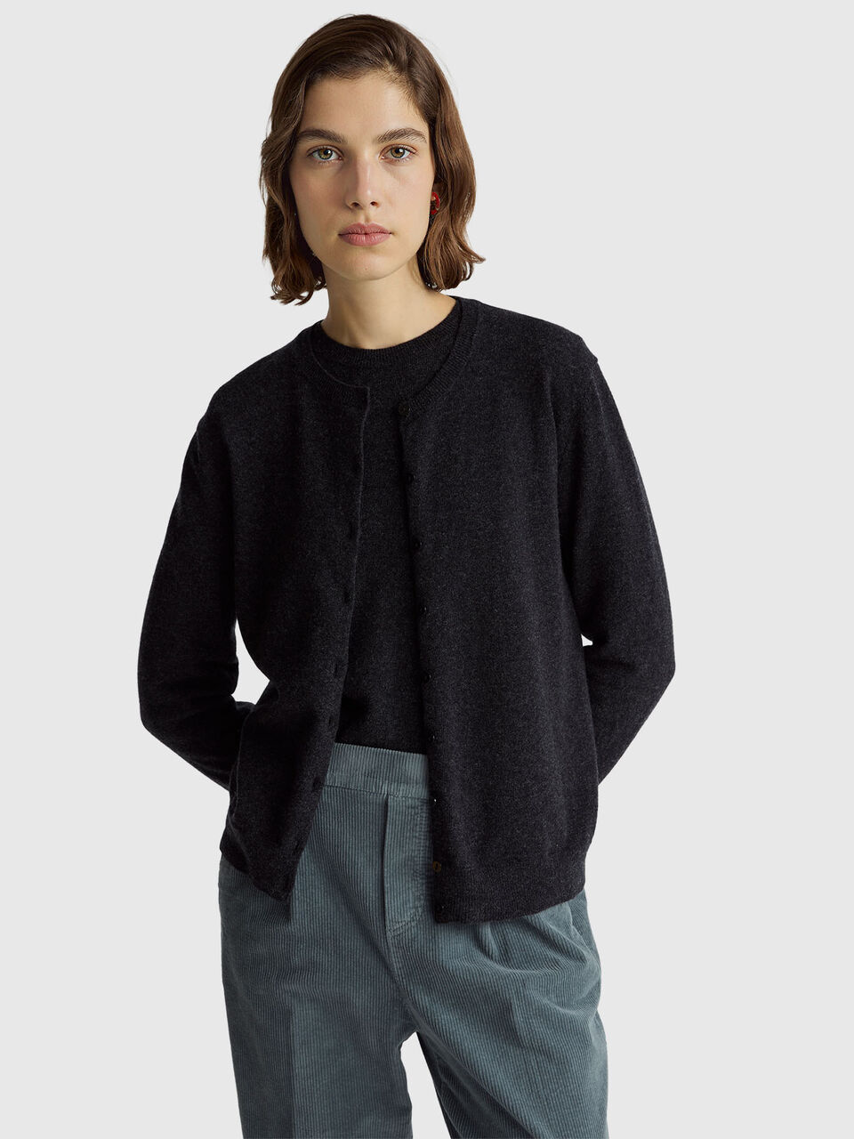 Dark gray crew neck cardigan in pure Merino wool