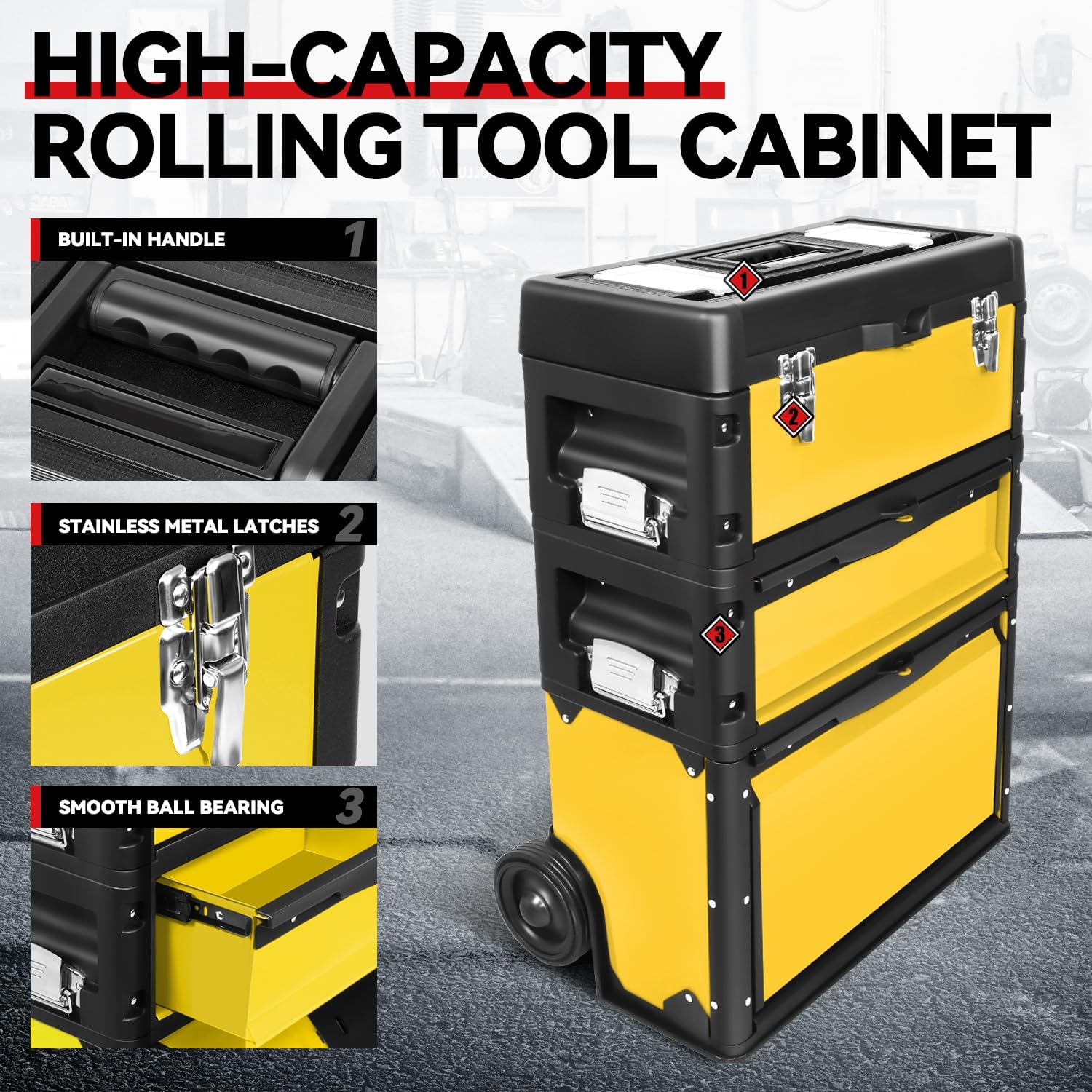 Auto Dynasty 3-Tier Stackable Tool Box, 19.5 Inch 3-in-1 Rolling Tool Box with Wheels, Portable Steel and Plastic Rolling Upright Trolley Toolbox Organizer for Garage Workshop, 3-Piece Set, Yellow