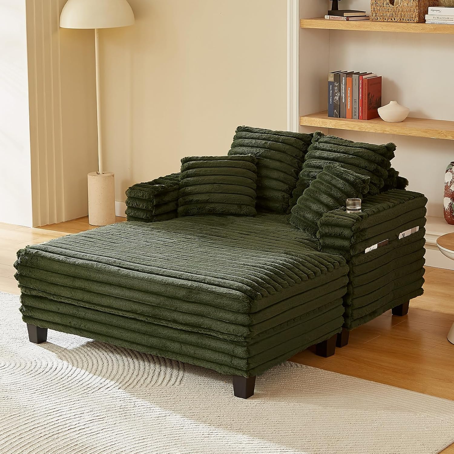 64 Chaise Lounge Chair Indoor, Oversized Sleeper Chair with Wood Frame, Upholstered Sofa Bed for Living Room, Movie Room, Bedroom with 4 Storage Pockets&2 Cup Holders(Plush Corduroy, Green)