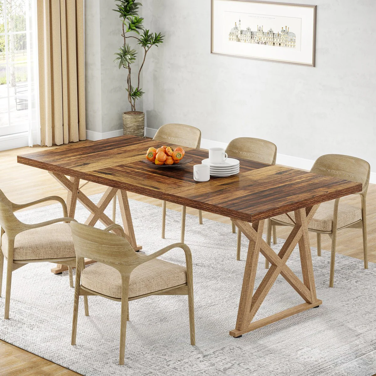 Dining Room Table for 6 People, 6ft Rectangular Wooden Kitchen Table