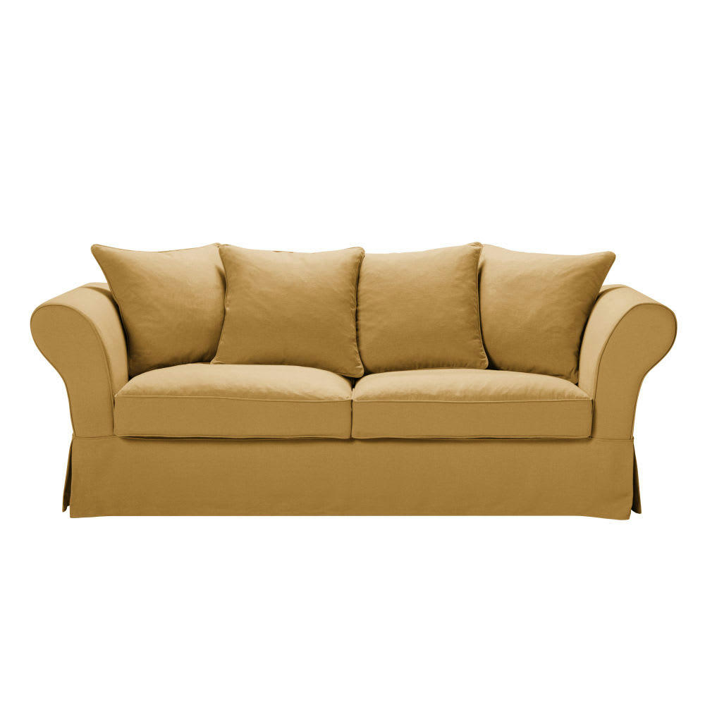 Roma - Housse de canapé fixe et convertible 3/4 places (6 cm)en lin froissé ocre
