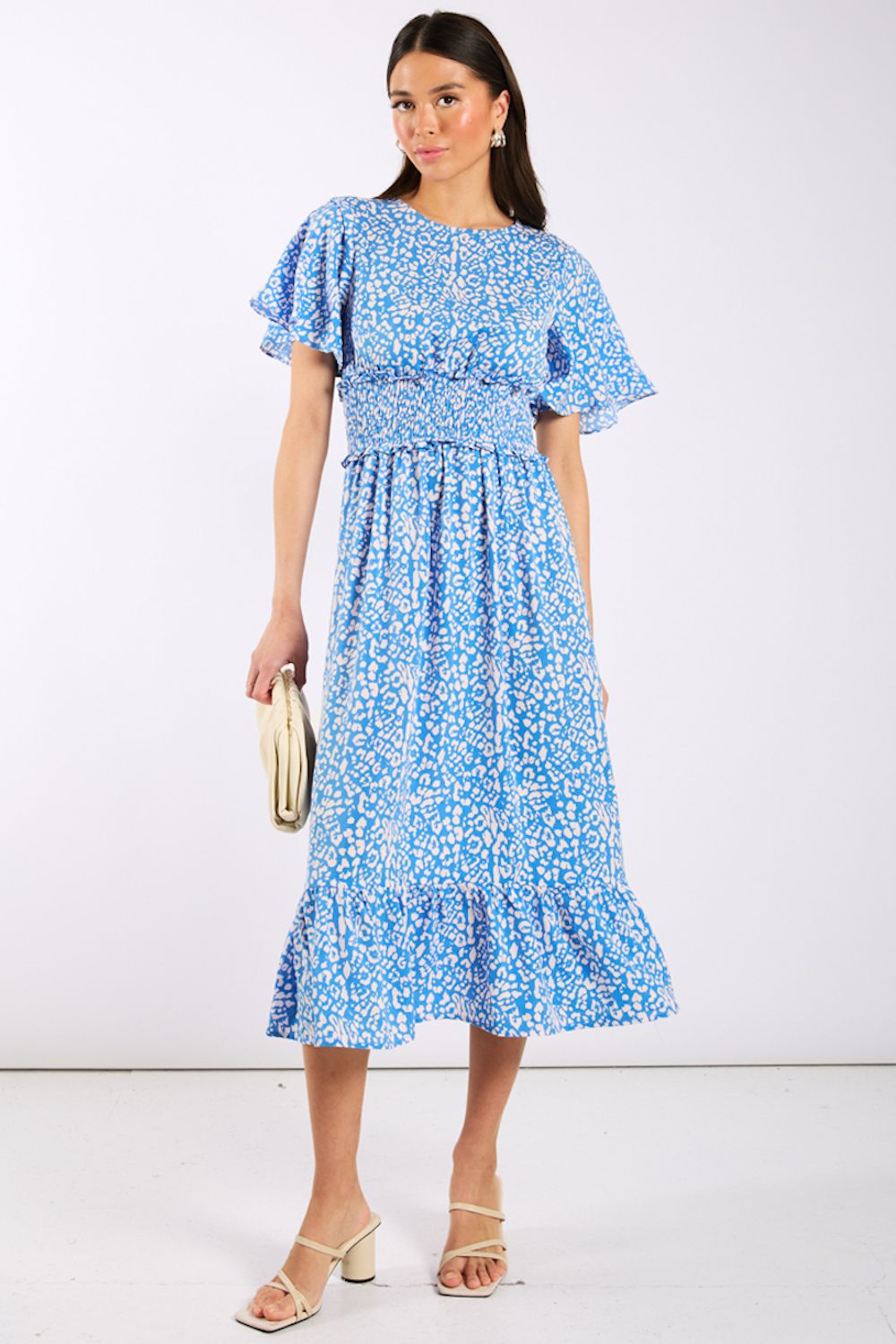 Needs No Label Blue Animal Smock Waisted Midi Dress