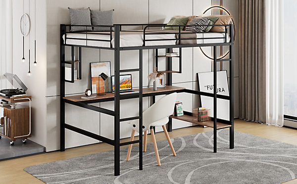 Lit mezzanine métal 90x200cm avec bureau et 5 étagères, lit ado enfant, cadre noir