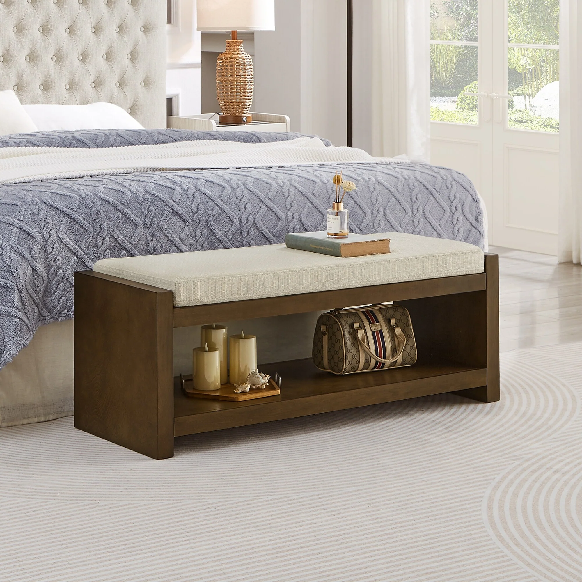 47 Accent Bench with Lower Shelf Shoe Rack, Padded Seating Bench, Bed End Bench with Storage, Removable Cushion