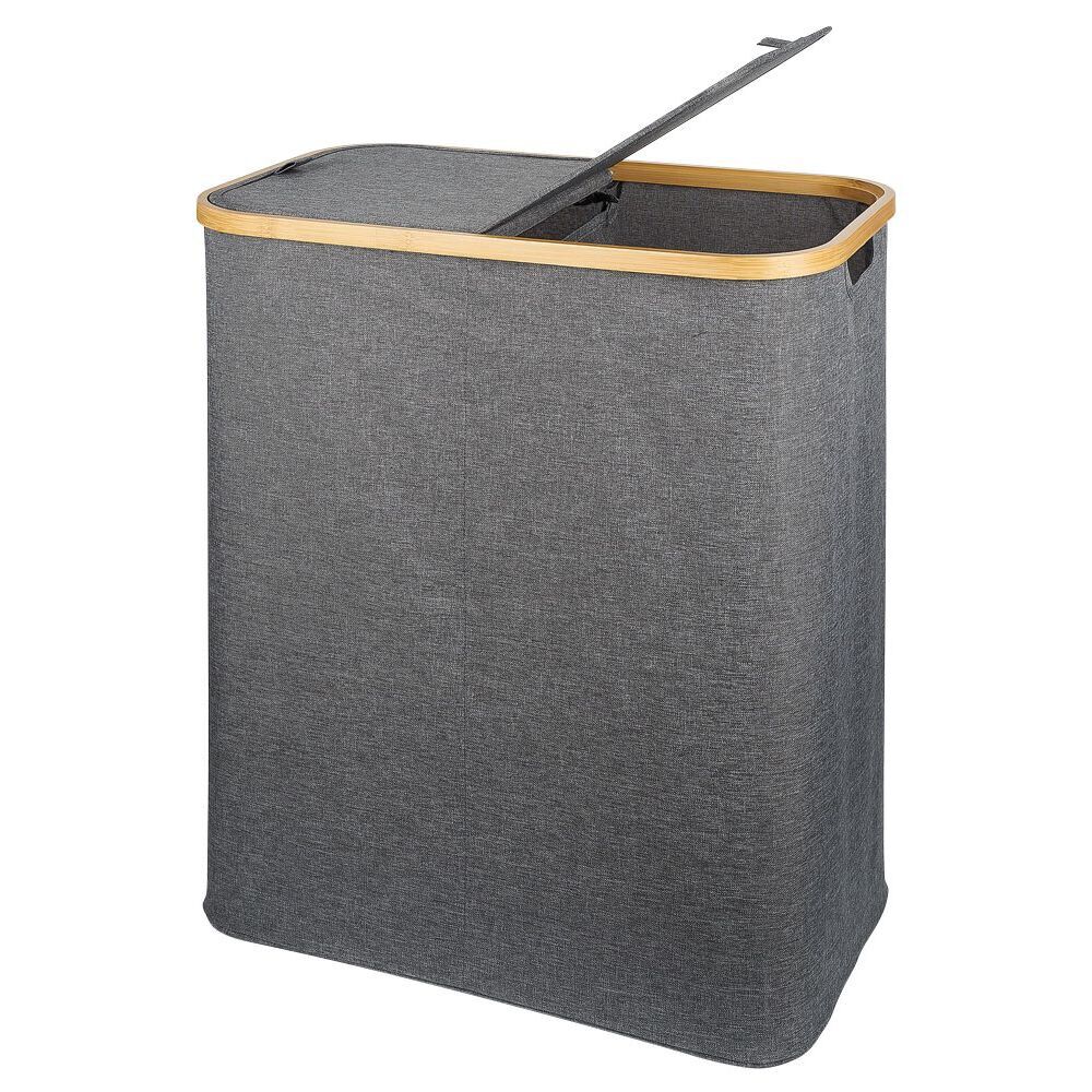 Coffre à linge double 50L bambou et tissu gris