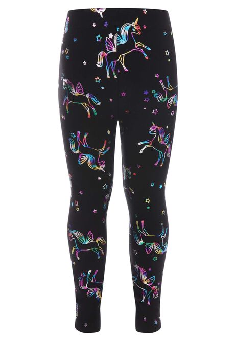 Younger Girls Black Foil Unicorn Leggings