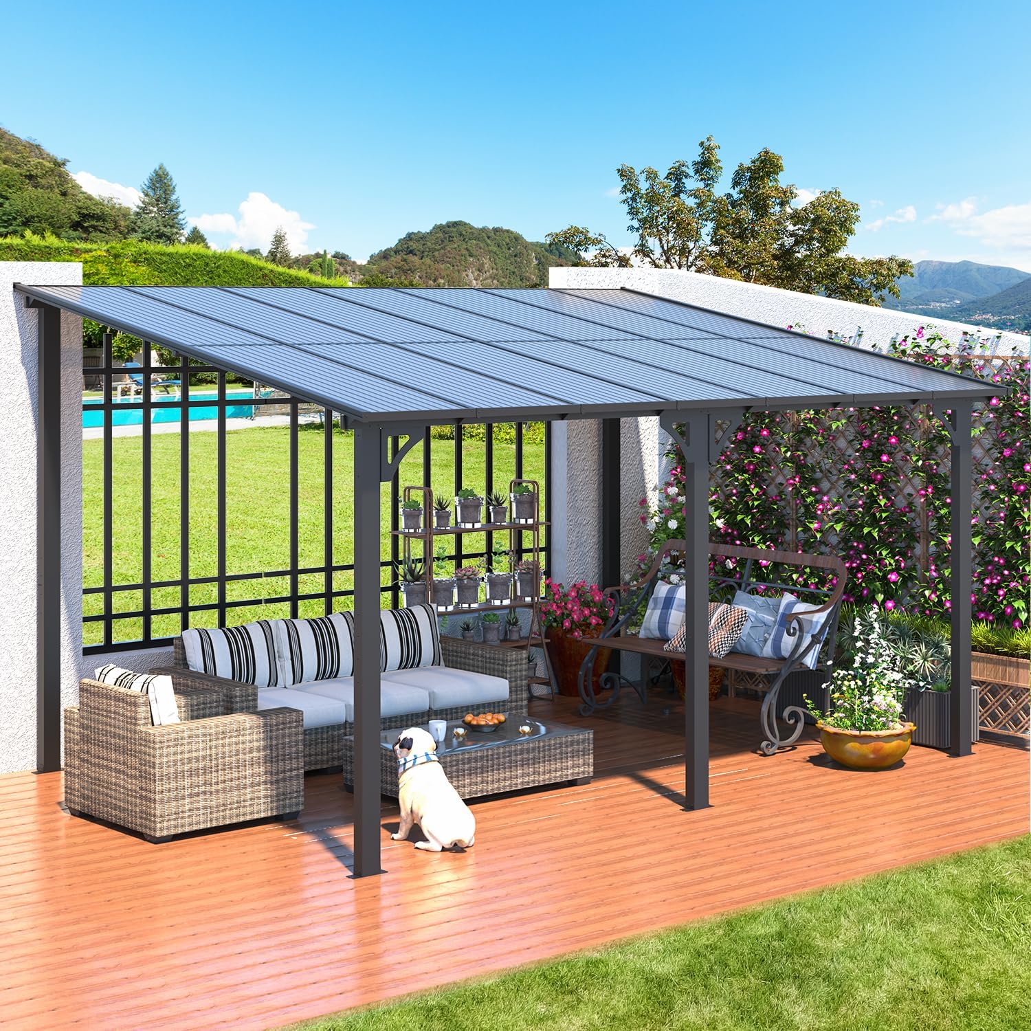AECOJOY 14' x 10' Gazebo for Patio  Hard Top Lean to Gazebo Pergola with Roof (140 Sq.Ft Shaded)  Large Wall-Mounted Heavy Duty Awnings for Patio  Decks  Backyard and More