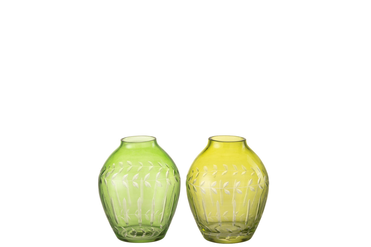 J-Line vaas Bol Bladeren - glas - groen - 2 stuks - Ø 9.5 cm