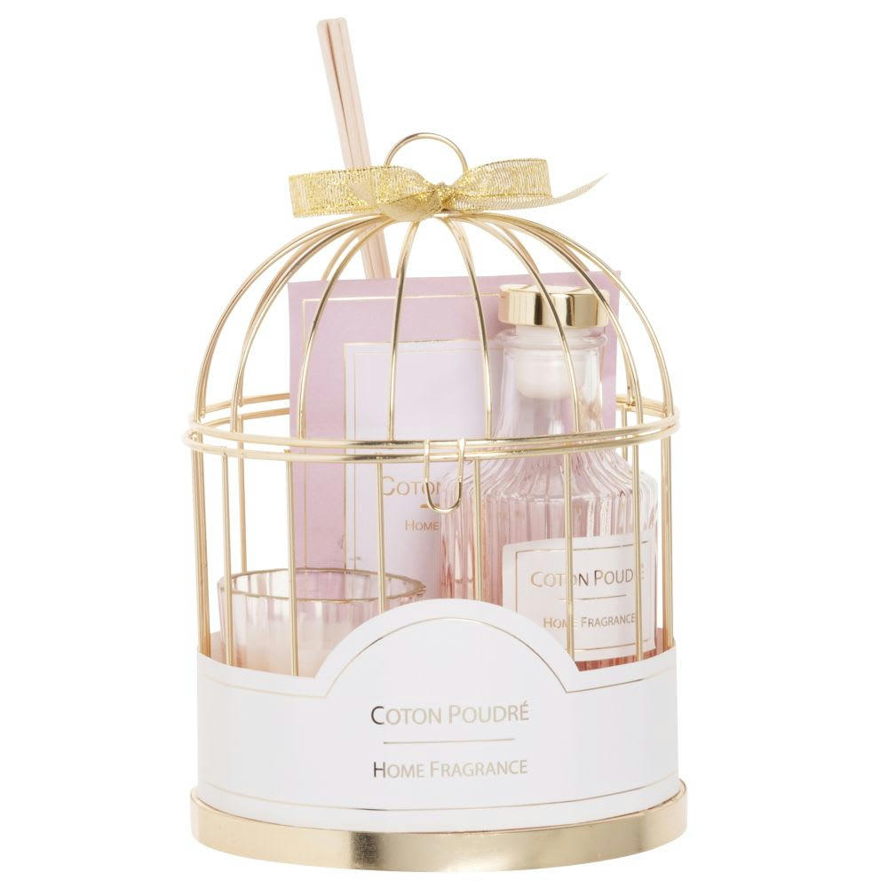 FERRARA - Diffuseur en verre et bougie parfumée support cage en métal doré
