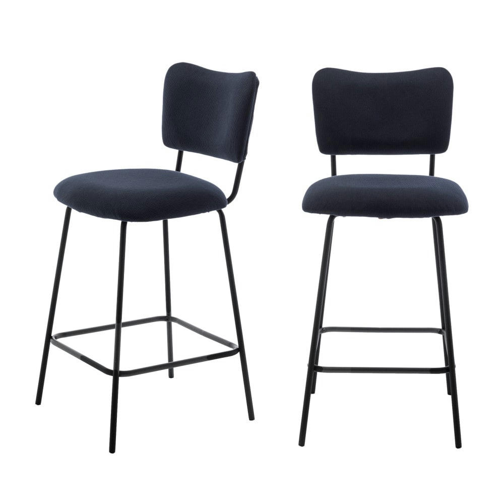 VANDER - Lot de 2 chaises de bar en velours côtelé et métal 65cm ardoise