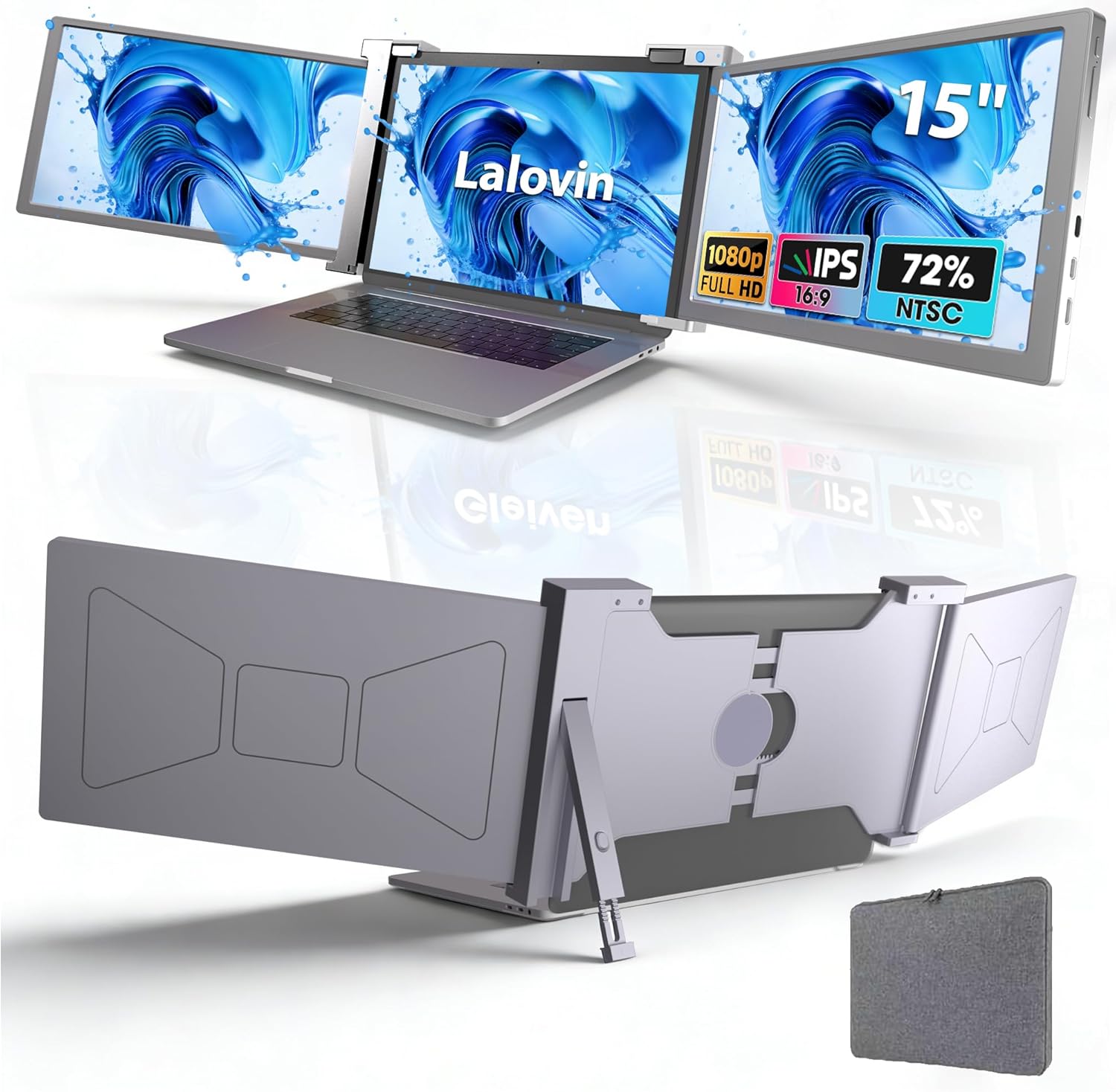 Laptop Screen Extender  15 1080P IPS FHD Triple Monitor for 15-17.3 Laptops  Plug & Play Portable Monitor Extender with USB-C/HDMI/USB-A for Mac/Windows/Chrome/Android Gray