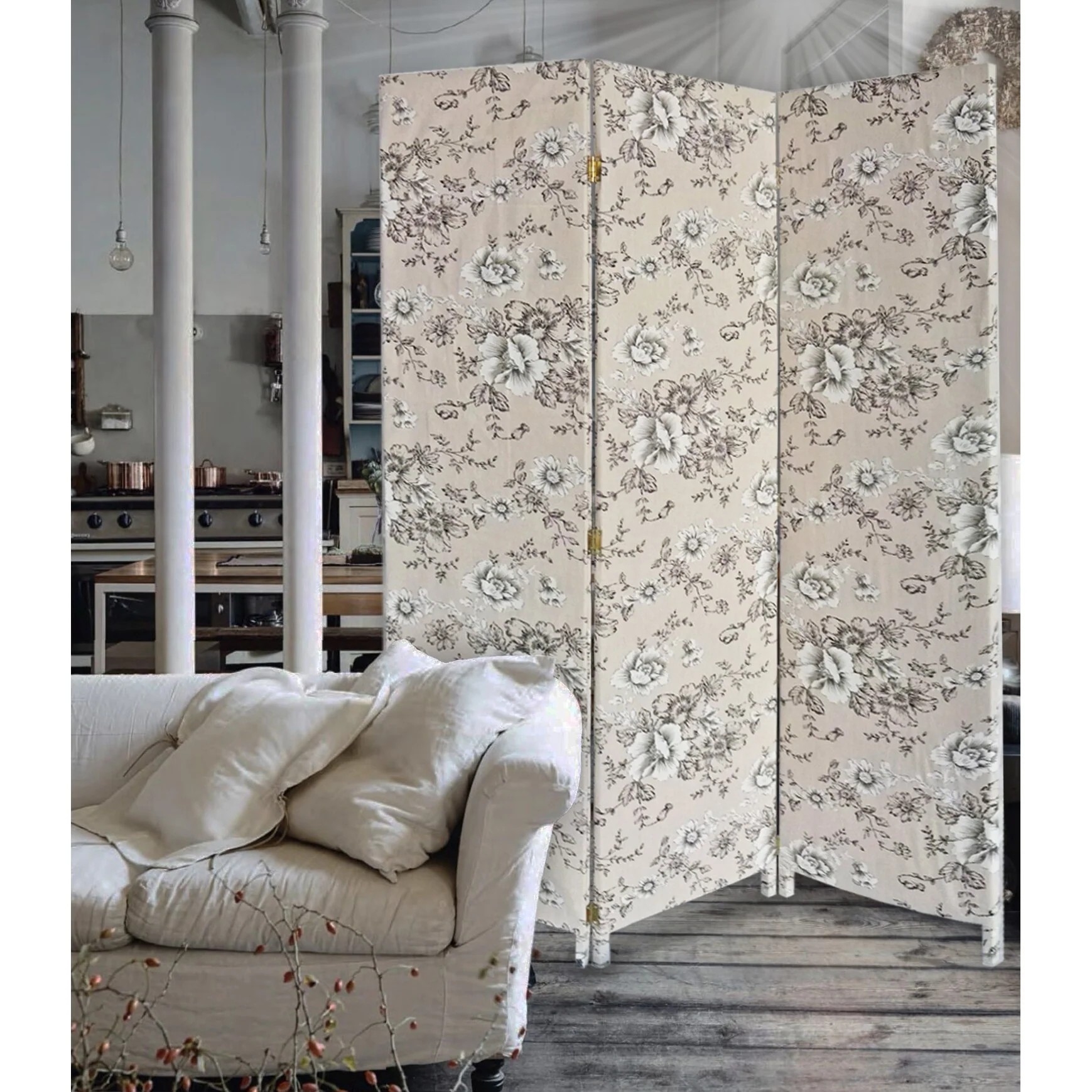 3 Panel Beige and Black Soft Fabric Finish Room Divider