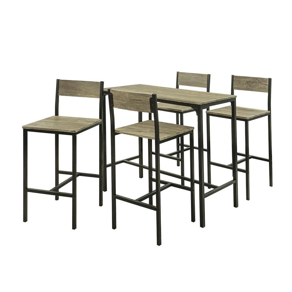 - Set de 1 table et 4 chaises de bar effet bois et métal noir