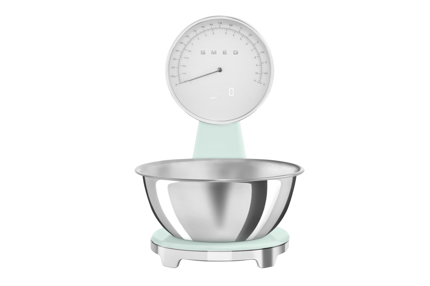 Smeg KSF01PGWW 50's Style Analogue and Rechargeable Digital Kitchen Scales with removeable stainless steel bowl, four units of measurement and LCD display, Pastel Green