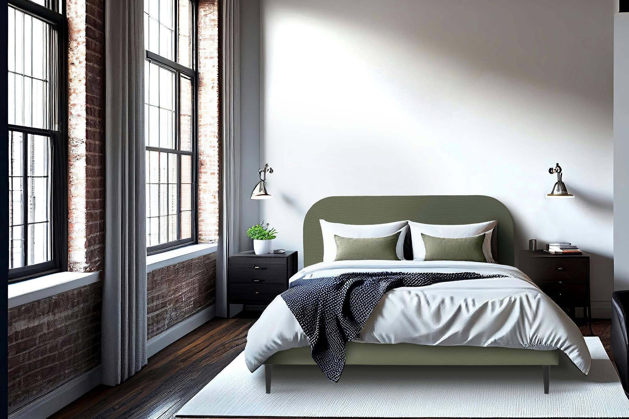 TIM - Lit avec matelas 2 places  en velours côtelé kaki 160x200