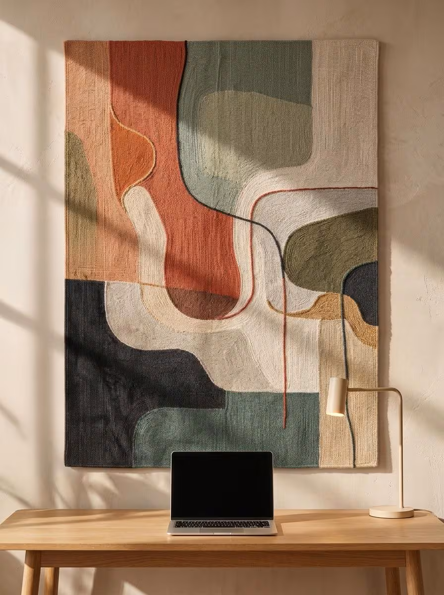 Handmade Wall Hanging Tapestry Rug, Abstract Organic Modern Textile Wall Art, Boho Wool Rug Tapestry for Living Room Deco