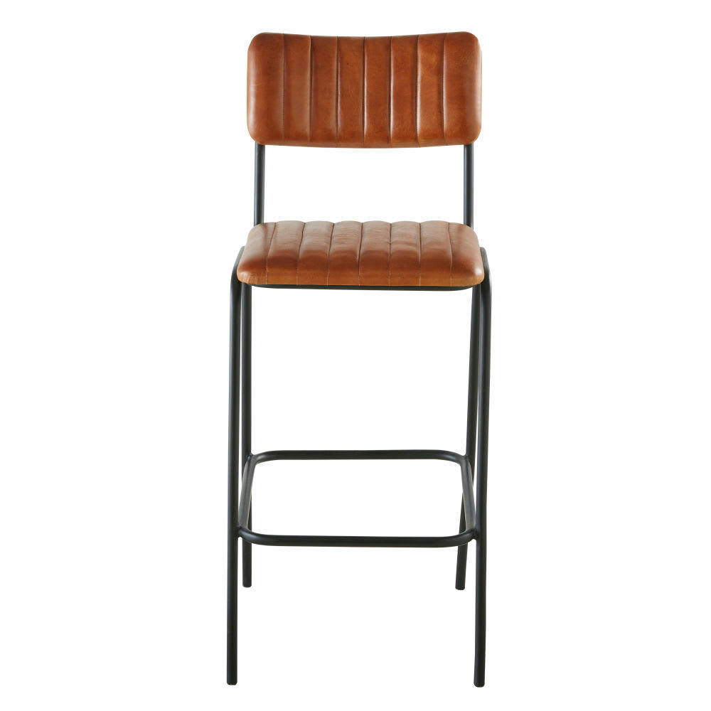 Wendell - Chaise de bar matelassée en cuir de buffle marron et métal noir H69