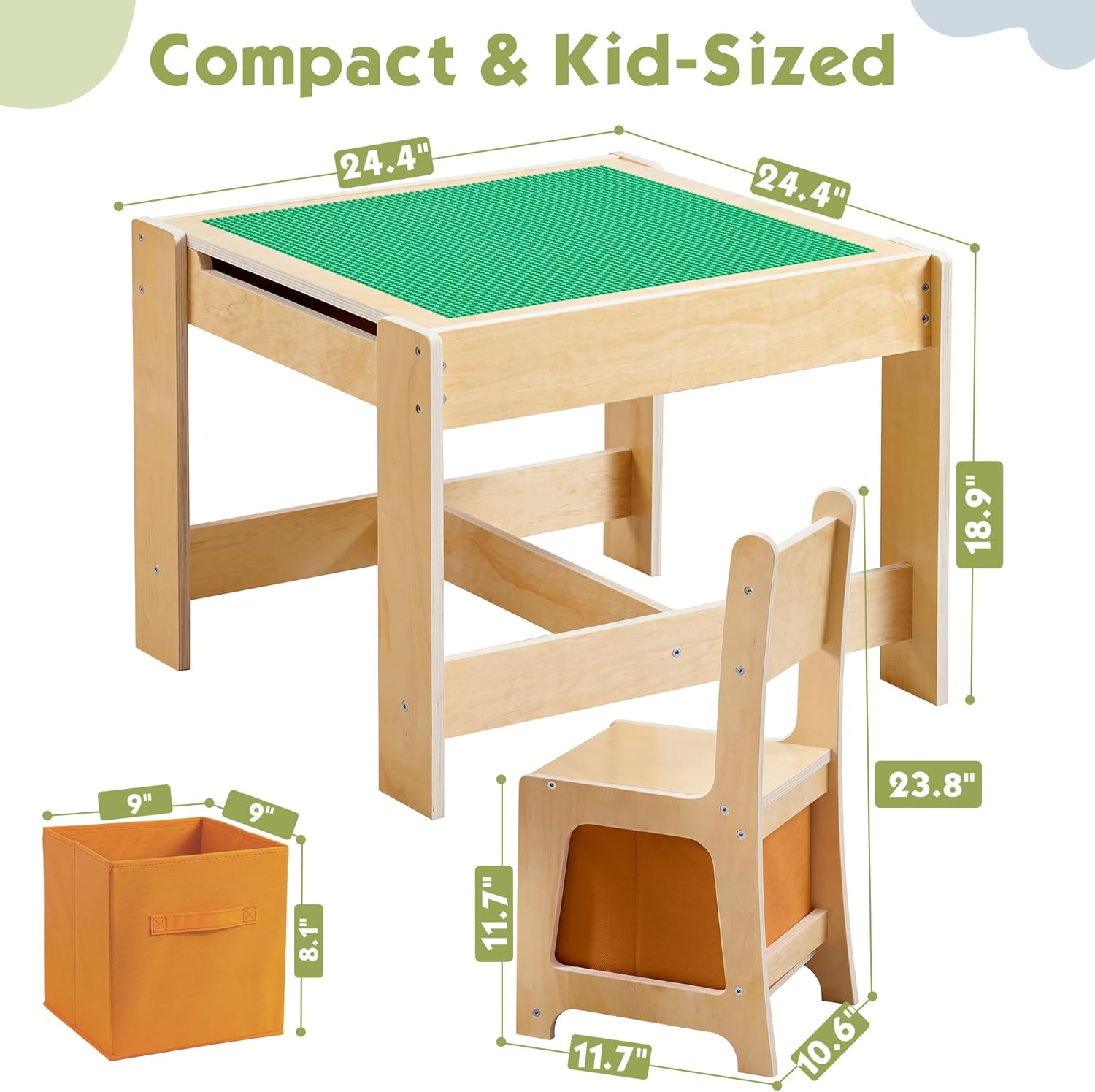 Wooden Kids Table and Chair Set, 3 in 1 Activity Table with Storage Drawer, 2 in 1 Detachable Tabletop Construction Play Table Set for Drawing, Reading
