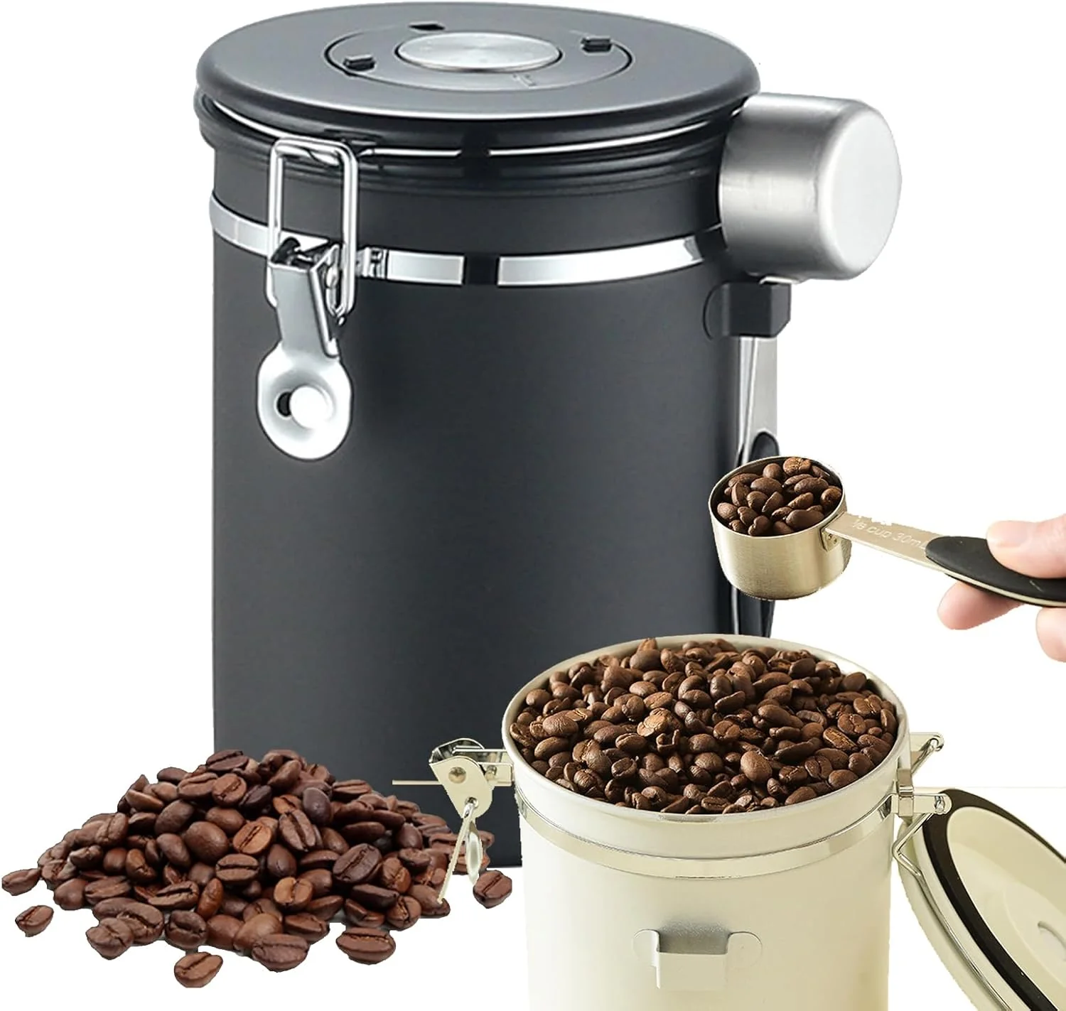 1.8L Stainless Steel Vacuum Coffee Canister with Valve & Spoon, Airtight Storage for Beans & Tea