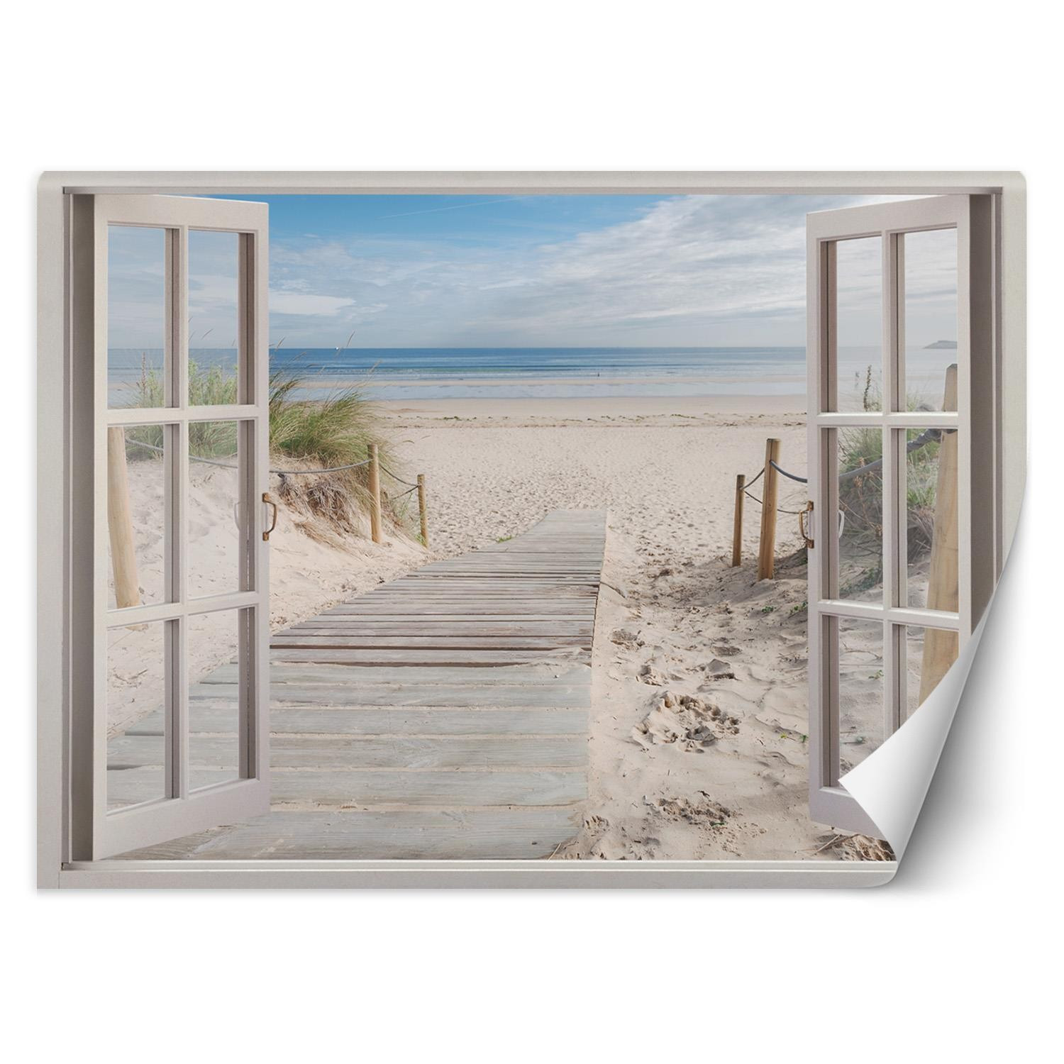 Feeby Fototapeta, Okno widok morze plaża piasek 140x100