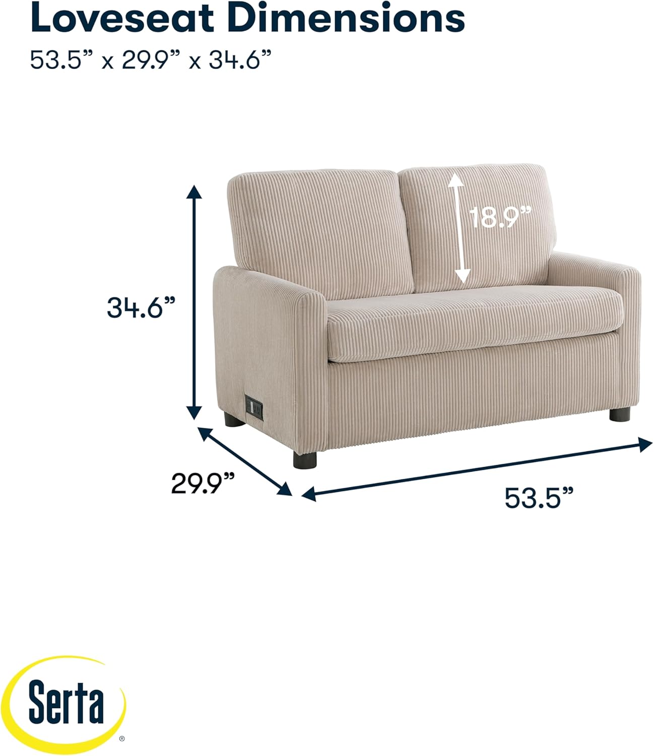 Serta® Darnold 53.5 Pull-Out Sleeper Loveseat, Twin Size, Dreamcoil® Comfort, Memory Foam Pull-Out Mattress, USB-C and USB-A Power Ports, Soft Corduroy Fabric, Beige