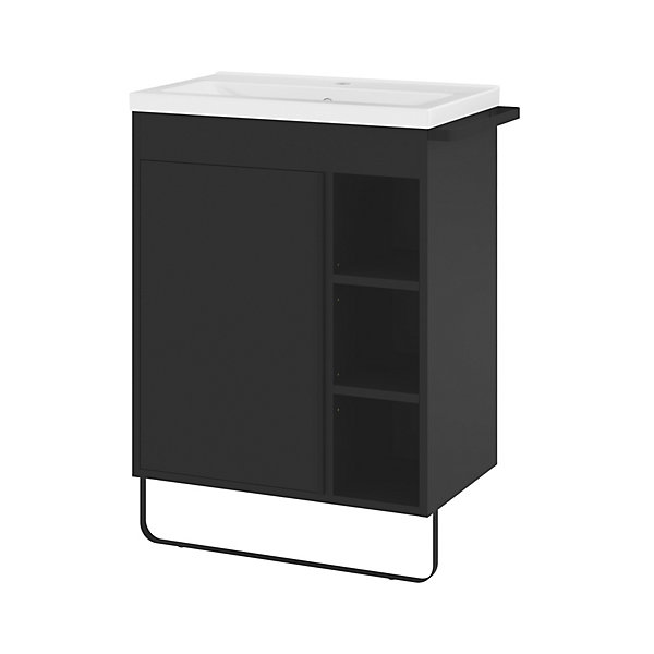 Meuble vasque faible profondeur noir avec porte-serviettes l.65 x H.82 x P.36 cm Maza   plan vasque blanc céramique Nira, GoodHome