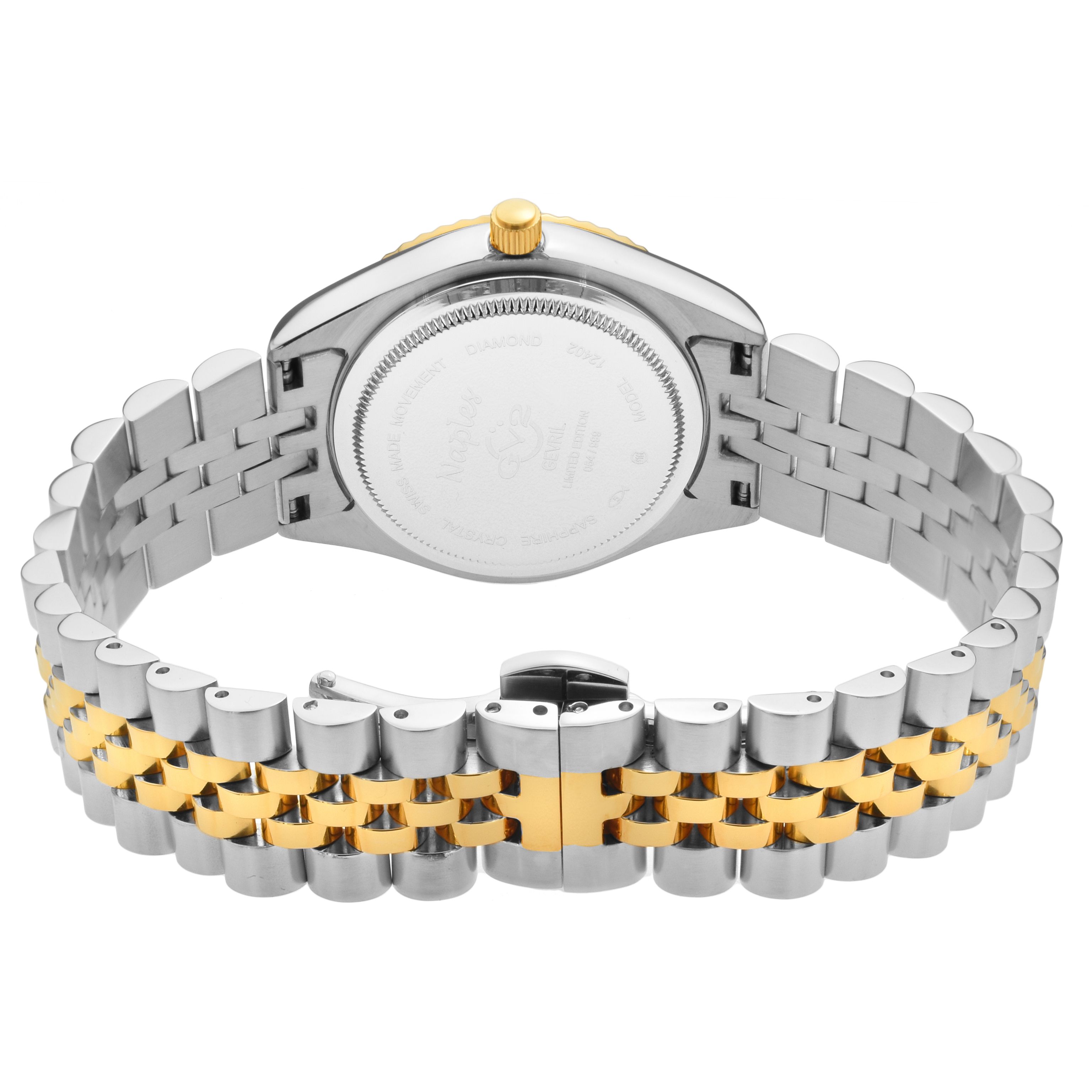 GV2 Naples 18 Diamond-Set Luxury Swiss Quartz Two-Tone IP Yellow Gold and Stainless Steel Bracelet, Sapphire Crystal, Fluted Bezel 34 MM Watch