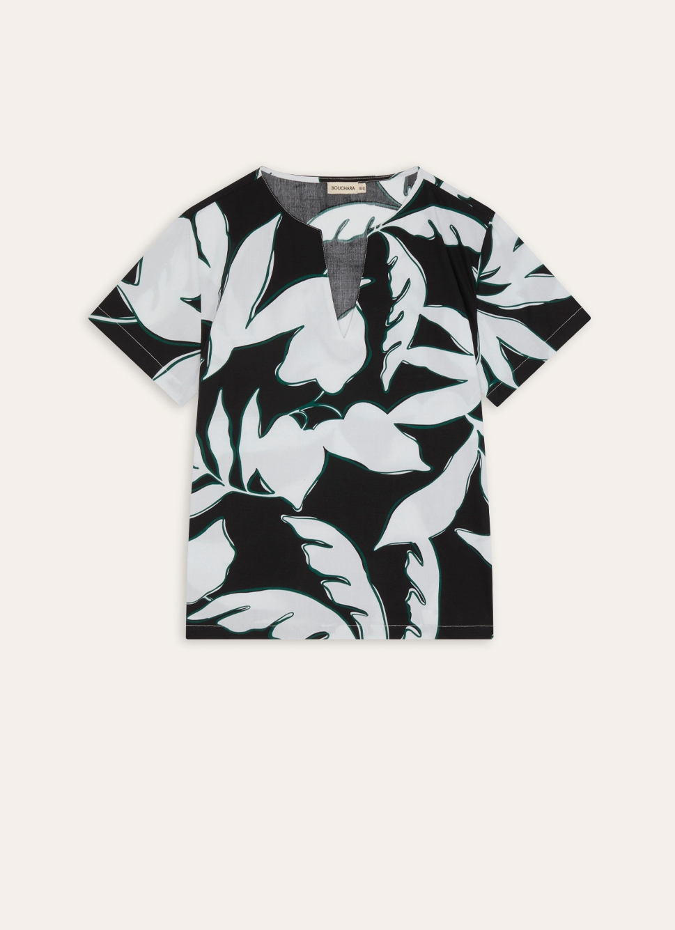 HAUT MANCHES COURTES EN COTON IMPRIMÉ FEUILLAGES Noir