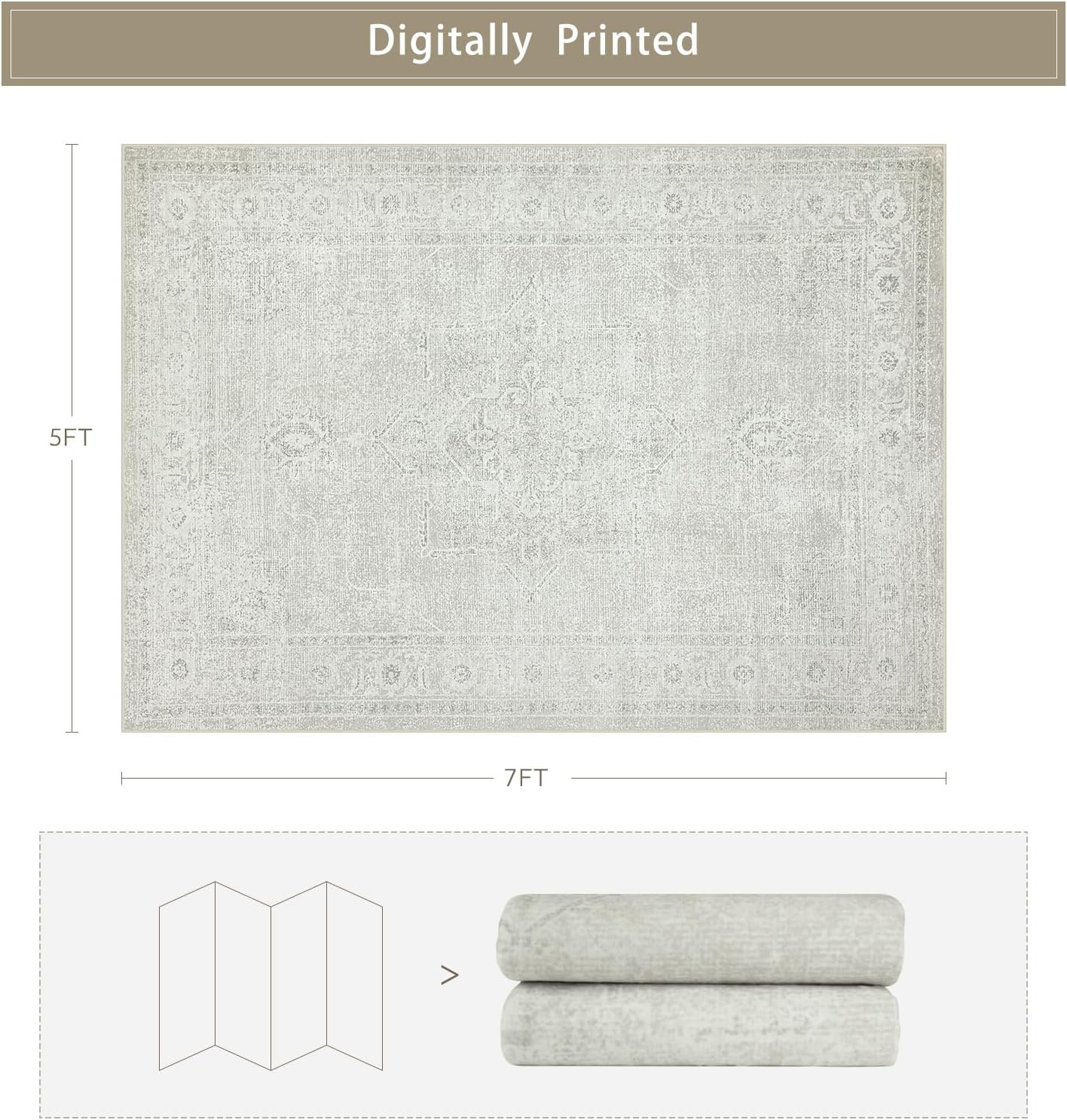 Srugn Washable Rugs 5x7 Area Rugs for Living Room,Bedroom,Large Carpets,Ultra Soft Faux Wool Retro Dining Room Rug,Non Slip&Non-Shedding Low Pile Vintage Rugs for Home Office,Concrete Grey