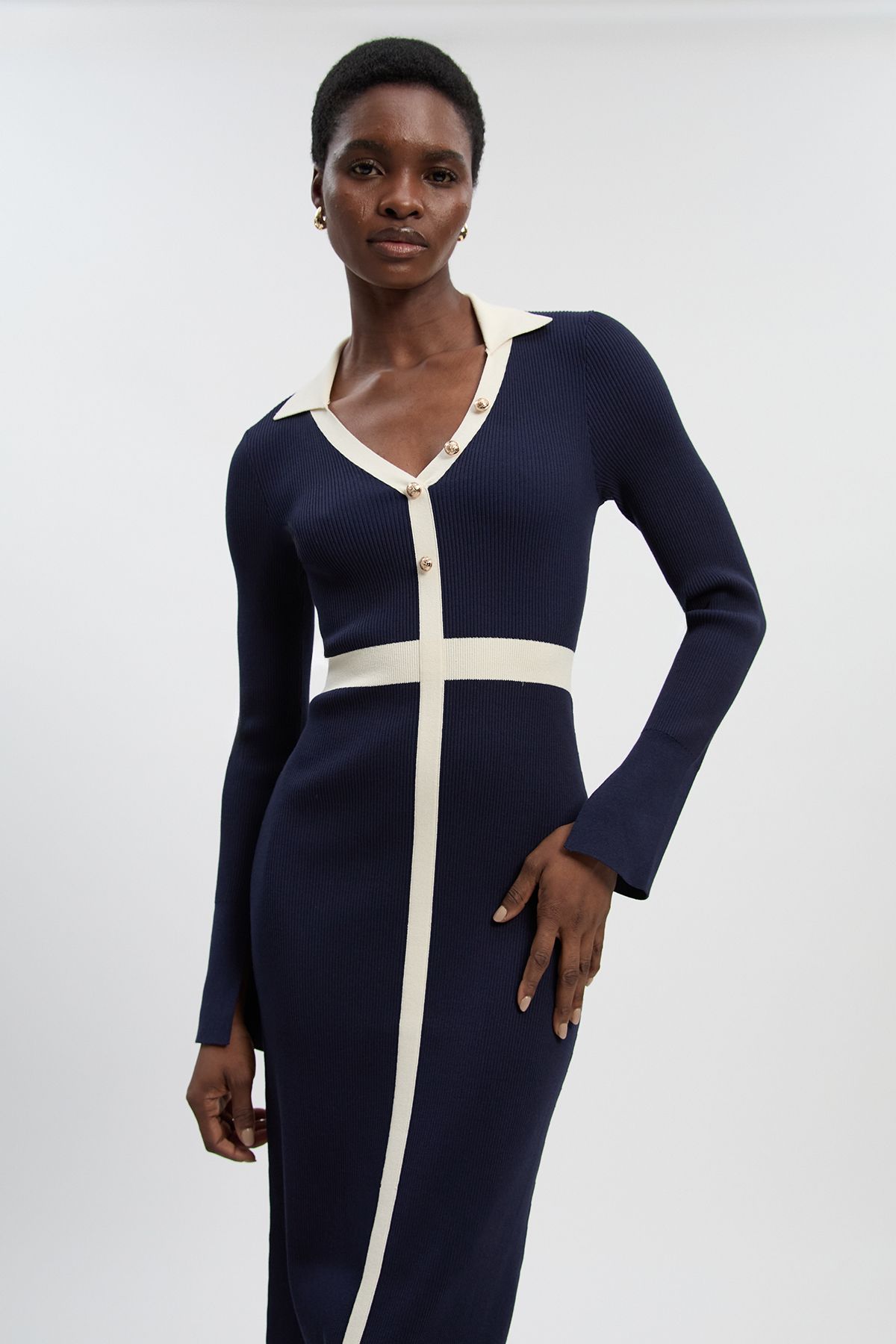 KarenMillen Petite Knit Rib With Contrast Waist Detail Collared Midi Dress