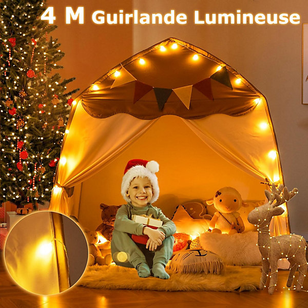 Grande Tente Enfant, avec Lumières, Drapeaux, 2 Portes, 2 Fenêtres, en Machine, Tente de Jeu pour Les  3 Ans (Marron)