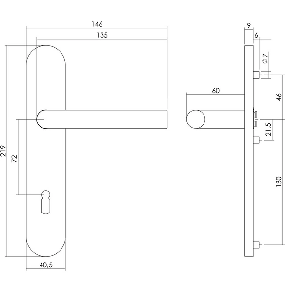 Türdrücker, 219x40,5x9 mm BB72 mm