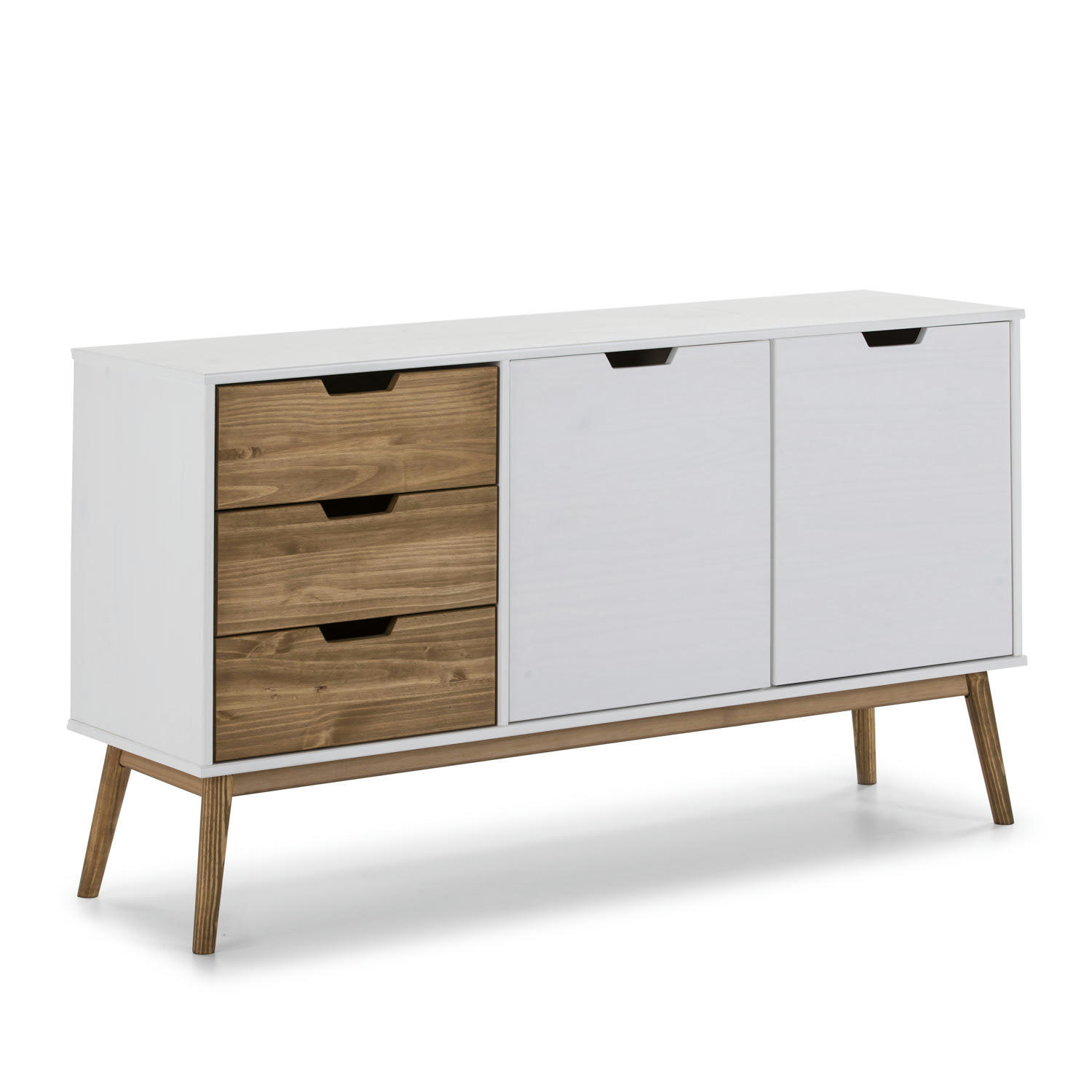 JAVA - Buffet commode 3 tiroir y 2 porte blanc, pin massif, longueur 140 cm