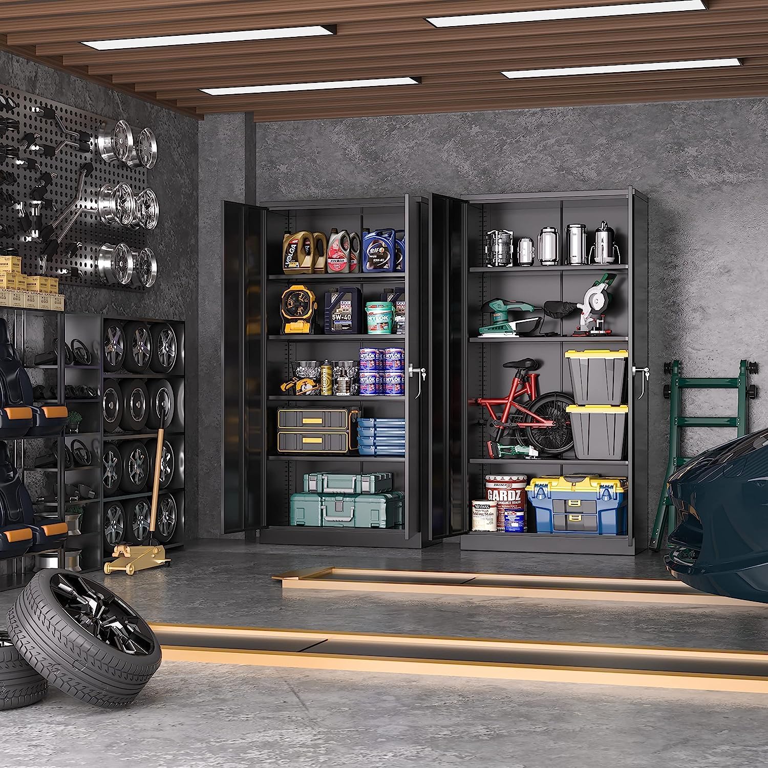 Greenvelly Storage Cabinet, 72” Black Garage Steel Locking Cabinet with Doors and 4 Adjustable Shelves, Tall Lockable File &Tool Cabinet for Home Office, Metal Classroom Cabinet Basement