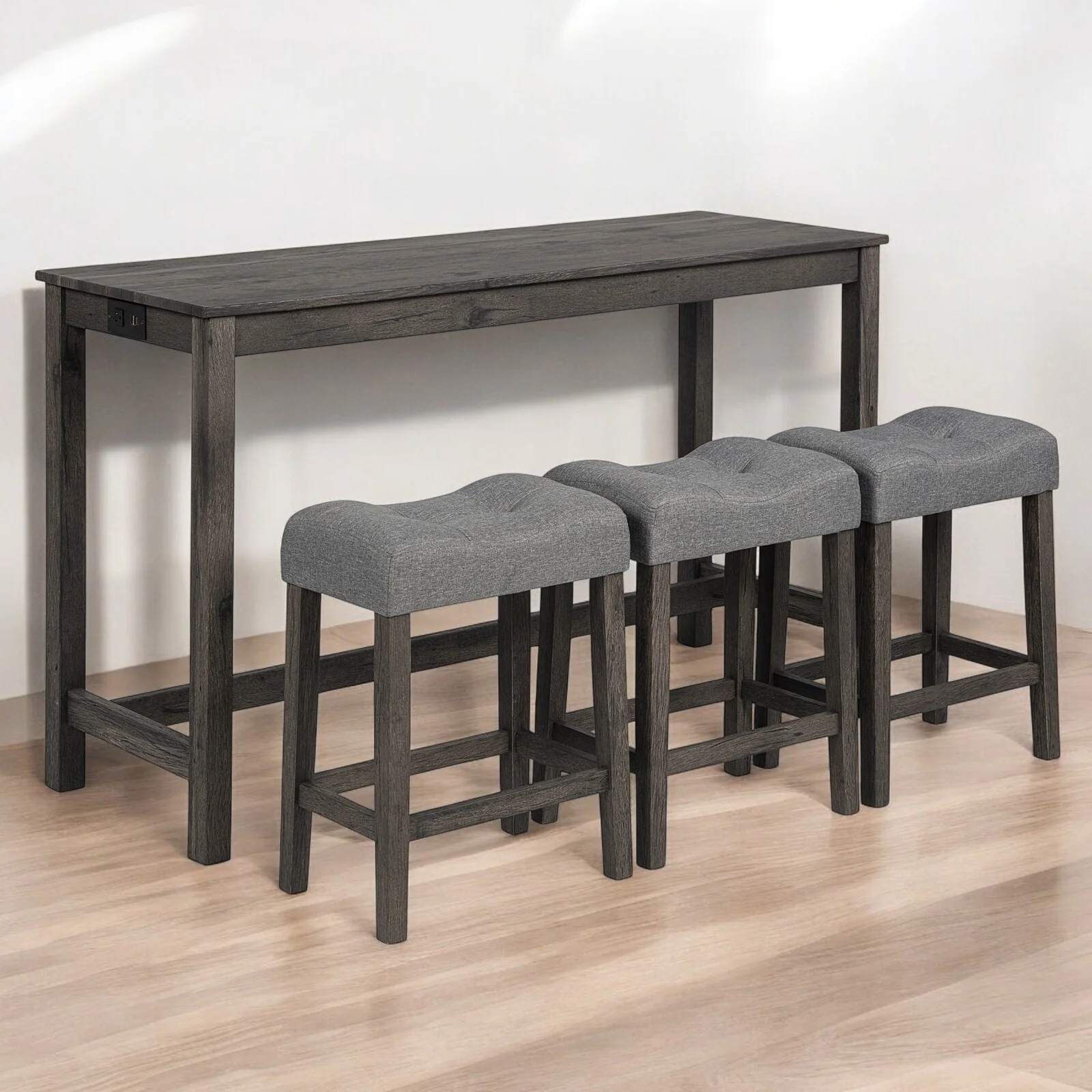 4-Piece Bar Table Set with Power Outlet, 3 Upholstered Stools and Rectangular Dining Table for Kitchen, Dining Room, Game Room