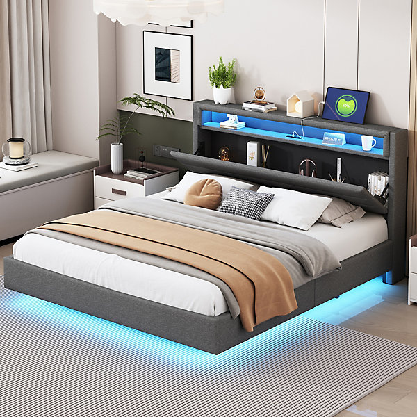 Lit double 160x200 cm tissu lin gris avec LED et port USB, tête réversible, pied invisible, Idéal chambre adulte ou jeune