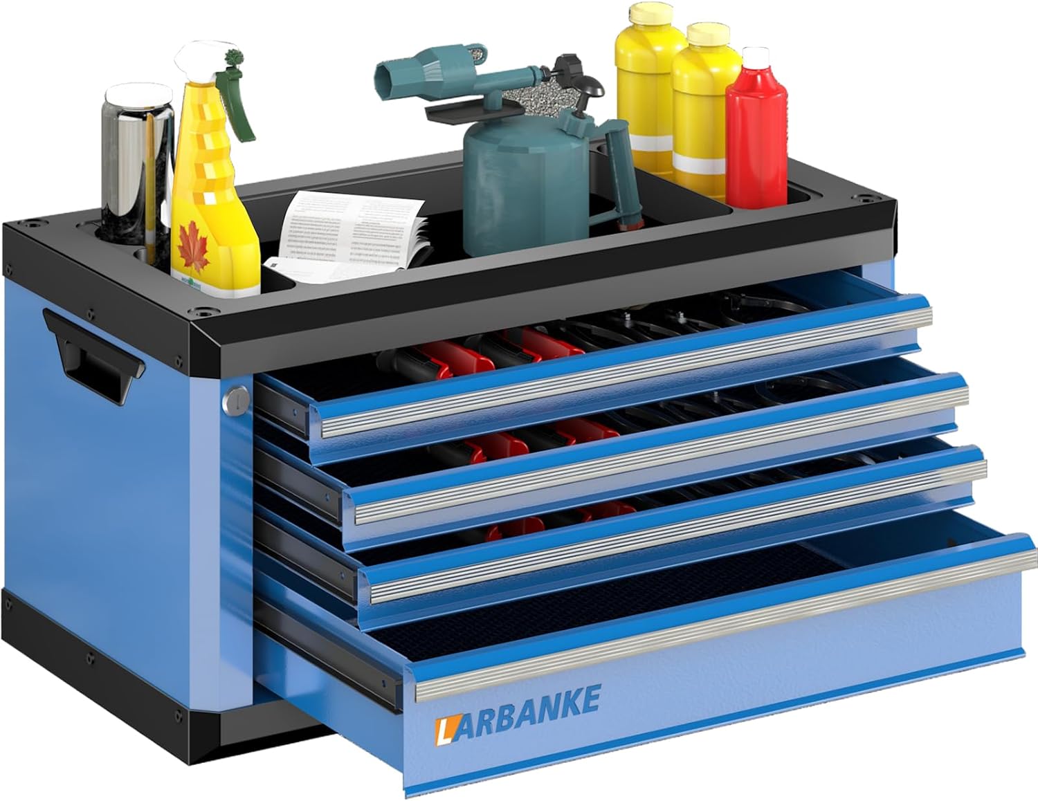 LARBANKE 4-Drawer Tool Box, Portable Tool Cabinet with Key Secure Lock, Multifunctional Countertop, Drawer Liners & Connecting Rods for Stacking with Same-Series 5/7-Drawer Chests,Blue