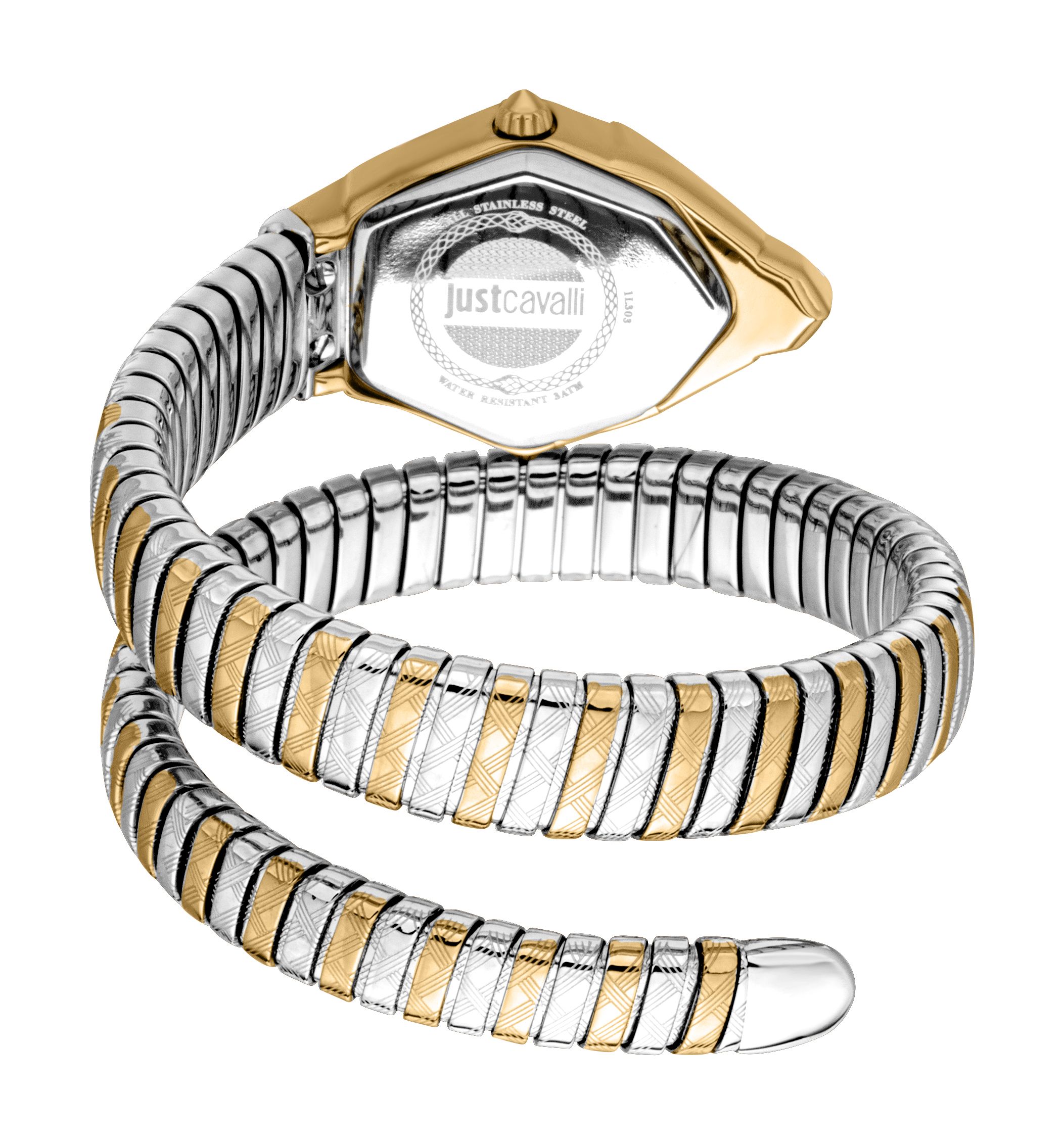 Just Cavalli Just Cavalli JC1L303M0055 Ornato Gold Dial Two Tone Silver & Gold Snake Diamond Analog Watch for Women