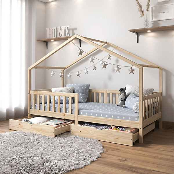 Lit cabane ELEA avec tiroirs, 90 x 200 cm en pin massif naturel