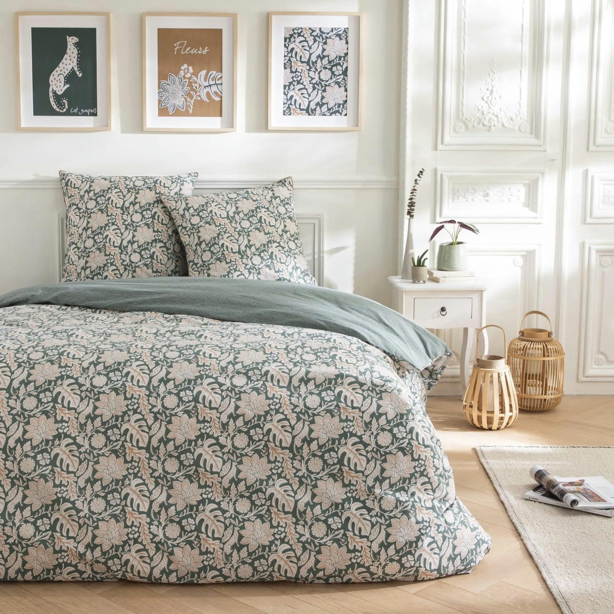 NOUR - Parure de lit 2 personnes coton  imprimé vert 260x240cm