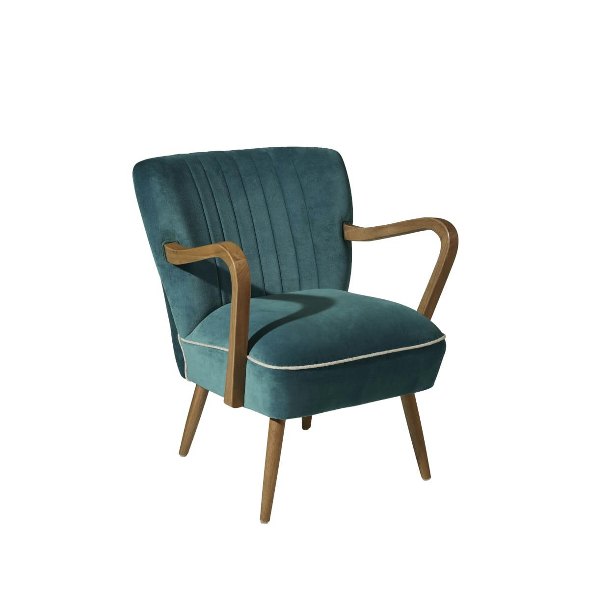 SIXTY - Fauteuil vintage à accoudoirs en chêne et velours bleu canard