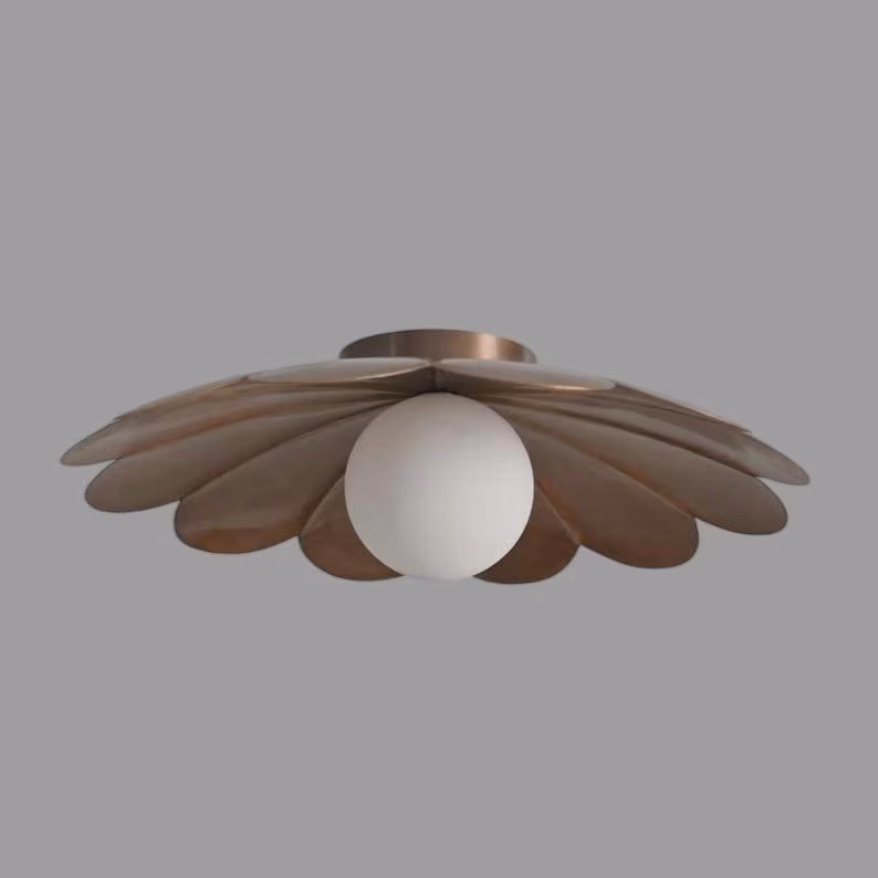 Petal Flush Mount Ceiling Light, Brass Flower Ceiling Fixture, Mid Century Modern Light, White Globe Shade, Handmade Ceiling Lamp